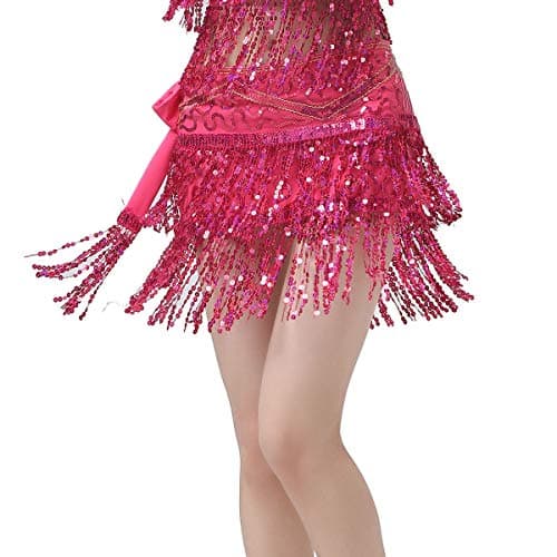 ZLTdream Women's Belly Dance Hip Scarf with Double Rows of Sequins Fringe Rose