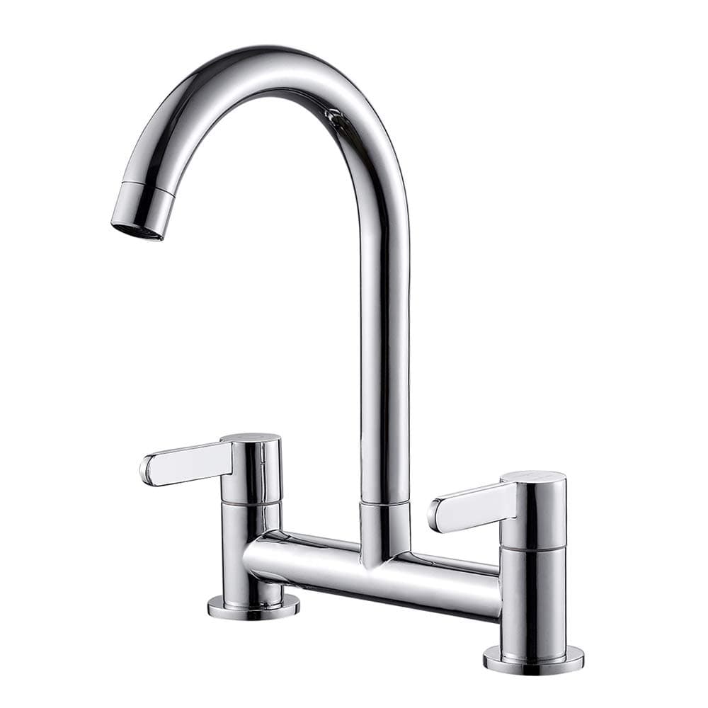 Kitchen Sink Mixer Taps, 2 Hole Kitchen Faucet, 360° Swivel Spout Dual Lever Sink Mixer Tap, Deck Mounted Kitchen Taps, Cold and Hot Mixer Tap, Sink Tap 1/4 Turn with UK Standard Fittings (Chrome)