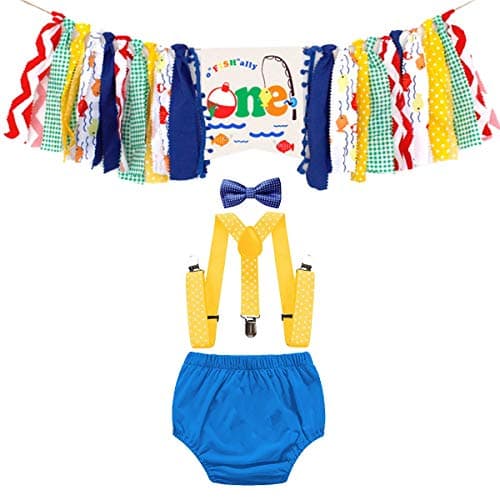 HIHCBF Ofishally One Cake Smash Outfit 1st Birthday Costume Diaper Cover Bowtie Suspenders Decorations Kit Highchair Banner