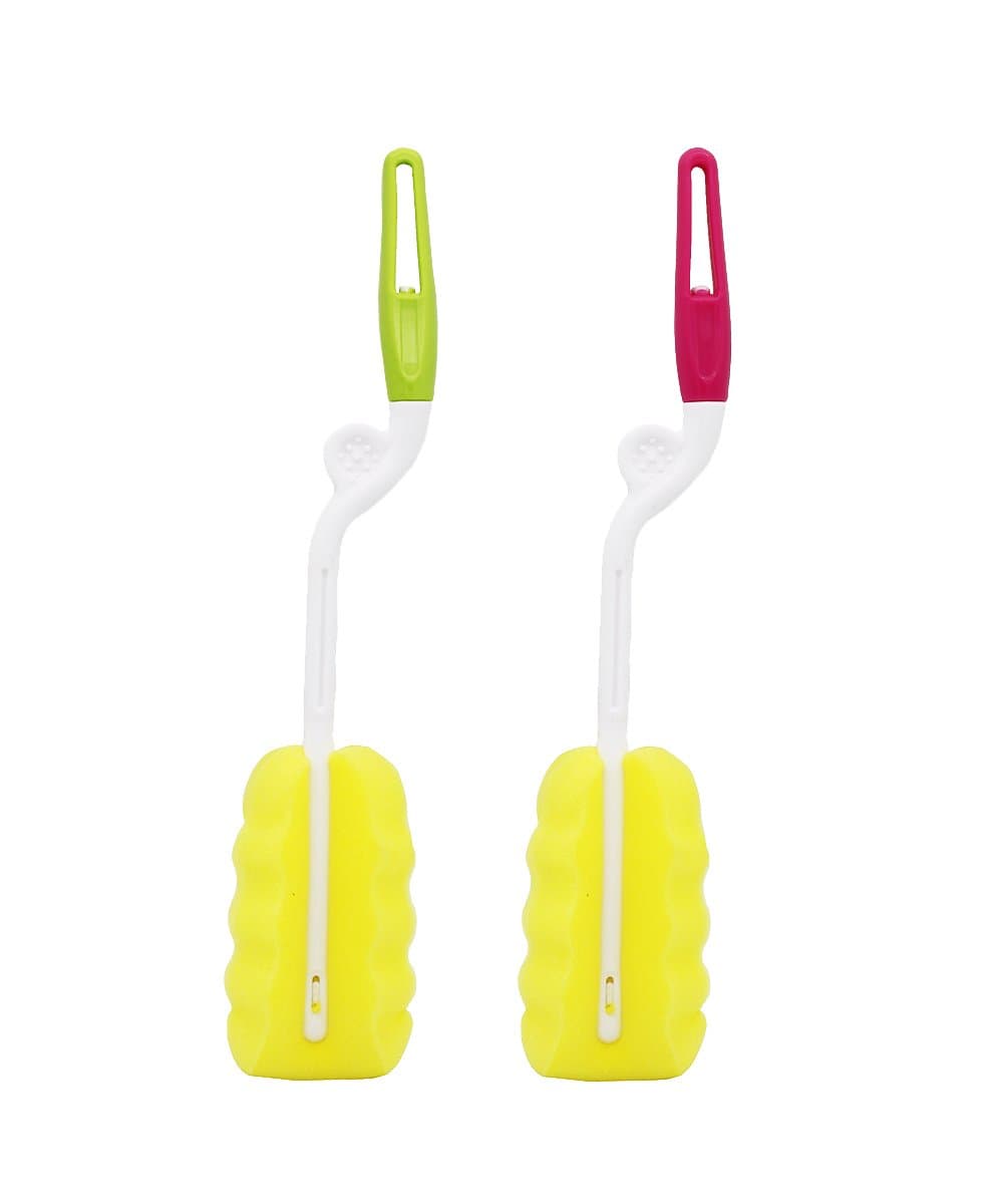 Bottle Cleaning Sponge Spinning Brush with 360 Degree Rotary Long Thick ABS Handdle Cleaner Soft for Baby Bottle, Kitchen Clean, Glasses, Mugs Cup (2, Green & Red)