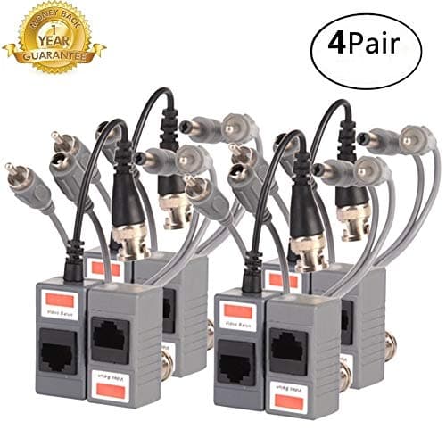 Video Balun,CCTV BNC Passive Transmitter/Transceiver with DC Power&Rj45 Audio Via Cat5 Connector Adapter Cable for HD Ahd Tvi 720P-1080P Security Camera Systems (4Pairs/8PCS)
