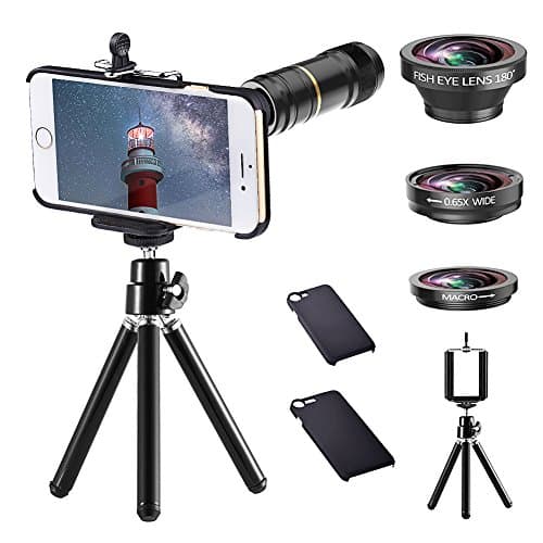 HD 4 in 1 iPhone Camera Lens Kit - ARORY 12X Telephoto Lens + 180 Degree Fisheye Lens + 2 in 1 Macro and 0.65X Wide Angle Lens + Hard Case for iPhone 6/ 6s/ 6 Plus/ 6s Plus + Tripod + Holder