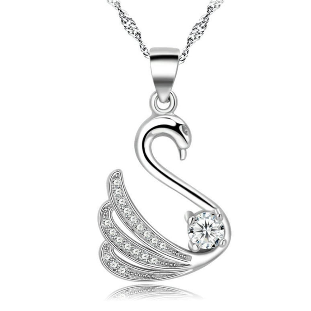 Huiyin Jewelry 18K White Gold Plated Cygnet Necklace with Cubic Zircon Sterling Silver Wave Chain Necklace 18inch