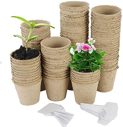 Judy1980 50 pcs Biodegradable Seed Pots Round 8 cm Fibre Bio Pot with 50pcs Plastic Plant Lables, Compostable in Soil, Organically and Eco Friendly