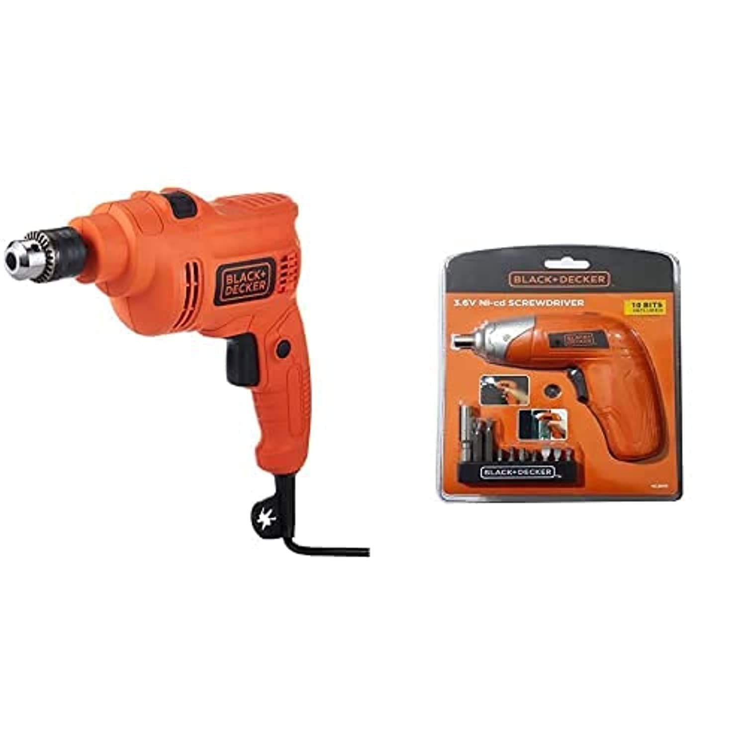 Black & Decker 550W 10mm Corded Electric Hammer Percussion Drill + 3.6V Li-Ion Cordless Power Screwdriver Kit with 10 Pieces Screwdriver Bitset, Orange/Black - KC3610-B5, 2 Years Warranty
