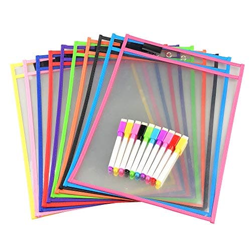 Miukada Reusable Dry Erase Pockets.Eraseble Pocket Sleeve,Paper Sleeves for Classroom Organization,Teaching Supplies,12.2"x9.6",10 Different Colors with Free Pens(10 Packed)