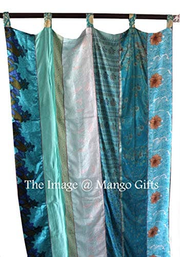 Indian Old Sari Turquoise Color Window Curtain Door Drape