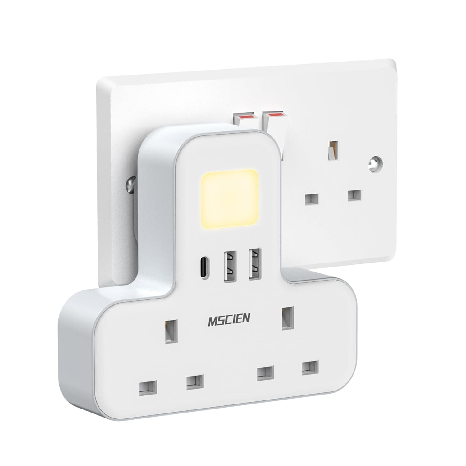 Sponsored Ad – MSCIEN Double Plug Adaptor with USB (1USB-C, 2 USB-A), Plug Extender with Night Light Multi Plug Adaptor, White Plug Extension, Plug Adapter UK for Home, Office, Dorm