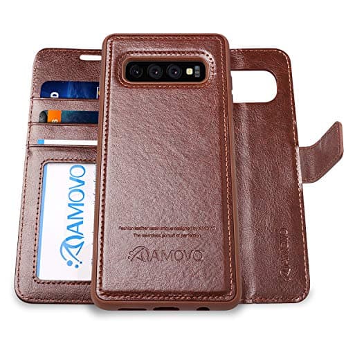 AMOVO Case for Galaxy S10 Plus/S10+ (6.4’’) [2 in 1] Samsung Galaxy S10 Plus Wallet Case Detachable [Vegan Leather] [Wrist Strap] Flip Case with Box Package (S10Plus (6.4'') Brown)