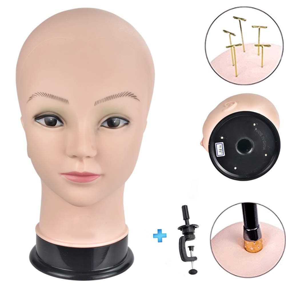 ErSiMan-AW Professional Female Cosmetology Mannequin Head Bald Manikin Head for Wigs Making Wig Display Hat Display Glasses Display Hairdressing Training Head Doll Head with Clamp