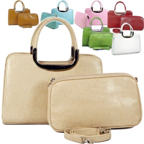 Dasein Women's Fine Classic Leather Like Satchel Handbag Purse w/ Bonus Cosmetic Bag - Beige