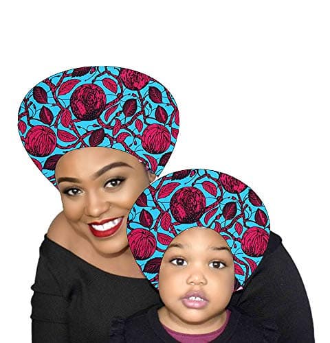 African Show Ankara Seeping Cap Bonnet Satin Lined Bonnets Wax Print Fabric Bonnets for Women/Girls（2 Caps;1 Big and 1Small） (Purple)