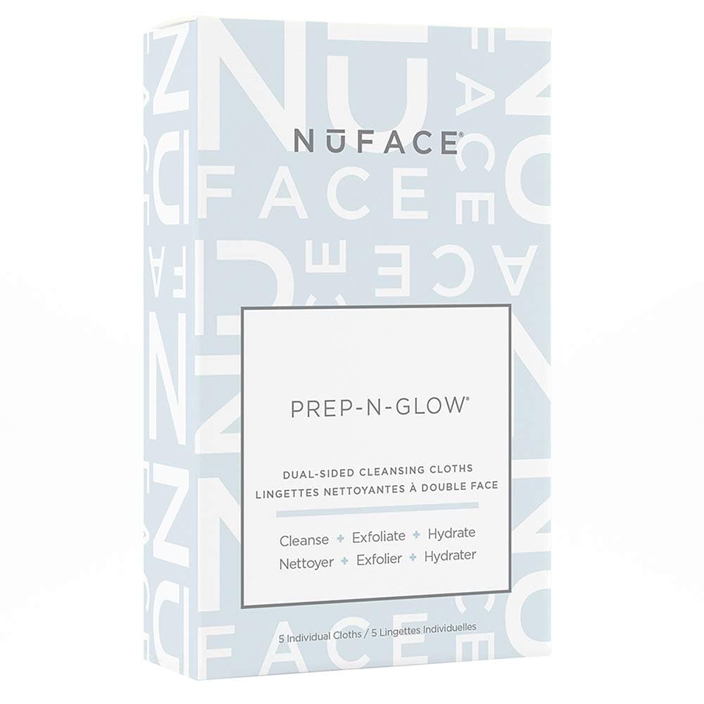 NuFACE Prep-N-Glow Cloths | Exfoliating Hydrating Facial Cleansing Wipes Enriched with Hyaluronic Acid | Dual-Sided Makeup Removal Wipes | 5 Count