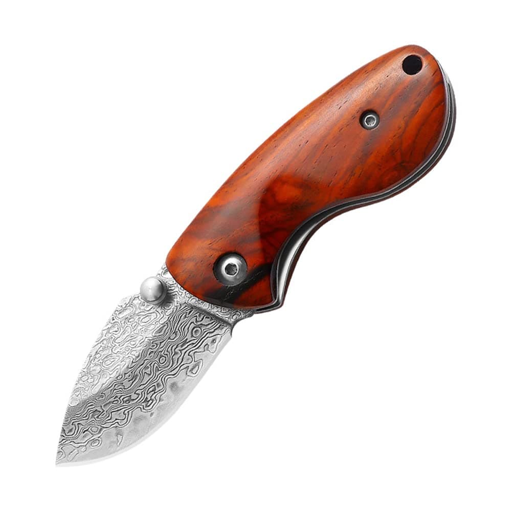 Mini Pocket Knife Red Sandalwood 7CM Modern Damascus Steel Knife Liner Lock Folding Knife