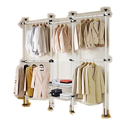 Portable Indoor Garment Rack Tools-free DIY Coat Hanger Clothes Wardrobe 4 Poles 5 Bars 2 Baskets. Heavy Duty Steel Poles and Bars. 60kg Loading per Bar. Space Fit and Saver.[3205WB2]
