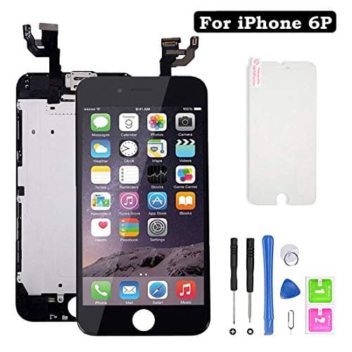 Screen Replacement for iPhone 6 Plus 5.5'', LCD Touch Digitizer Full Display Assembly with Home Button+Front Facing Camera+Proximity Sensor+Ear Speaker+Full Repair Tool (Black)