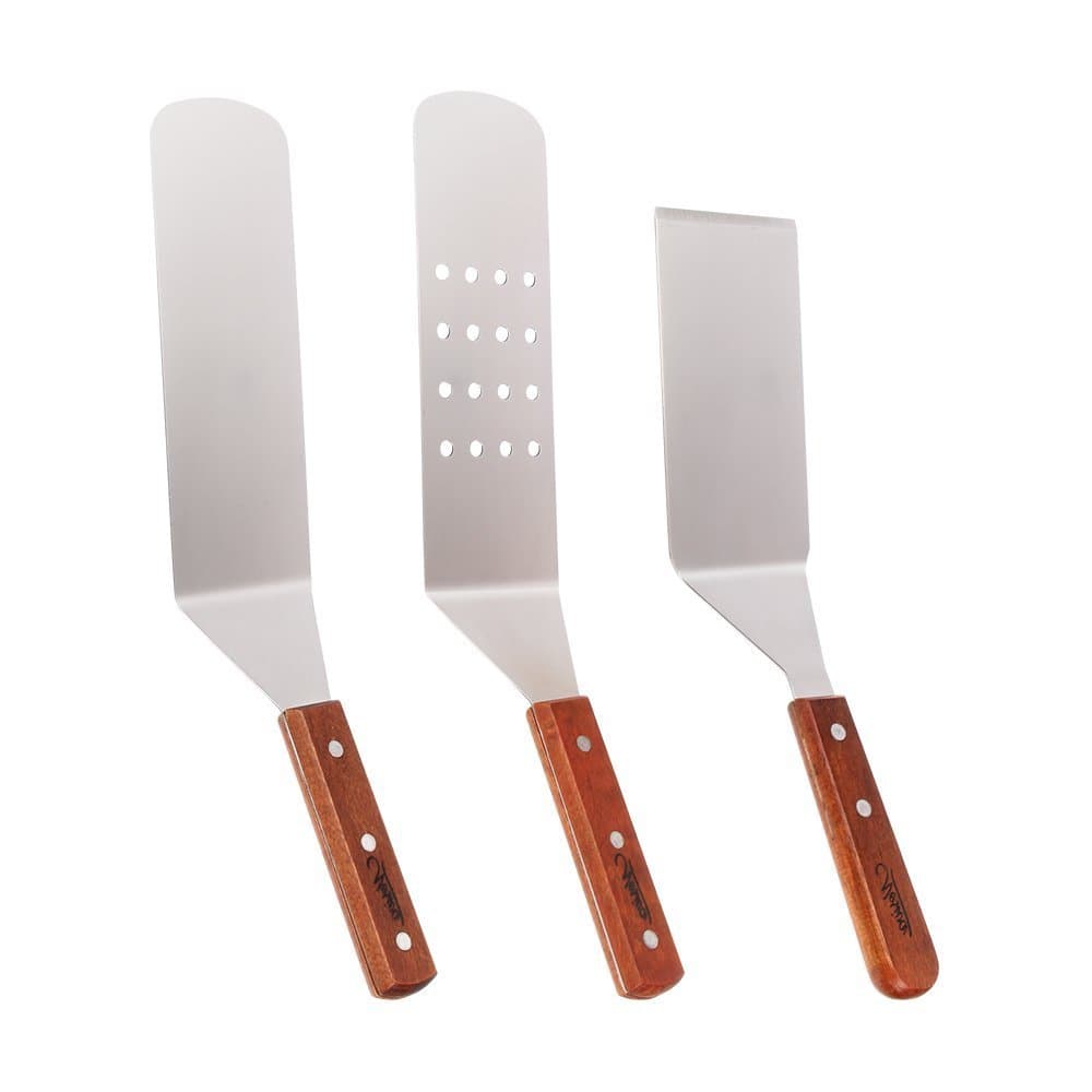 Erjiaen Stainless Steel Spatula Set - Cooking Grill Utensil Kit, Smooth Cooking Spatula, Perforated Cooking Spatula, Turner and Scraper with Wooden Handles for Teppanyaki Grills and Griddle - 3 Piece