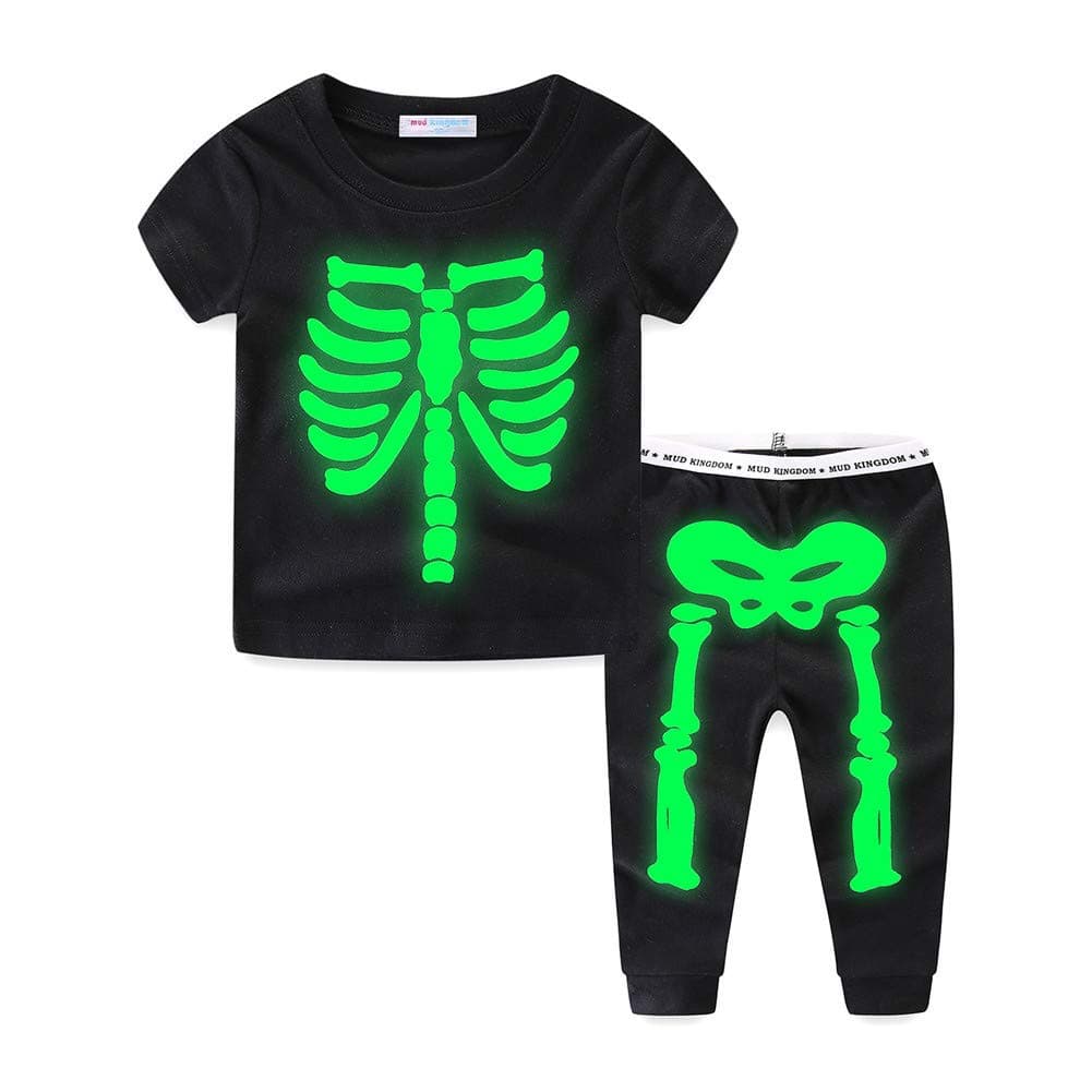 Mud Kingdom Glow in The Dark Skeleton Boys Pajamas Sets Short Sleeve Summer Black