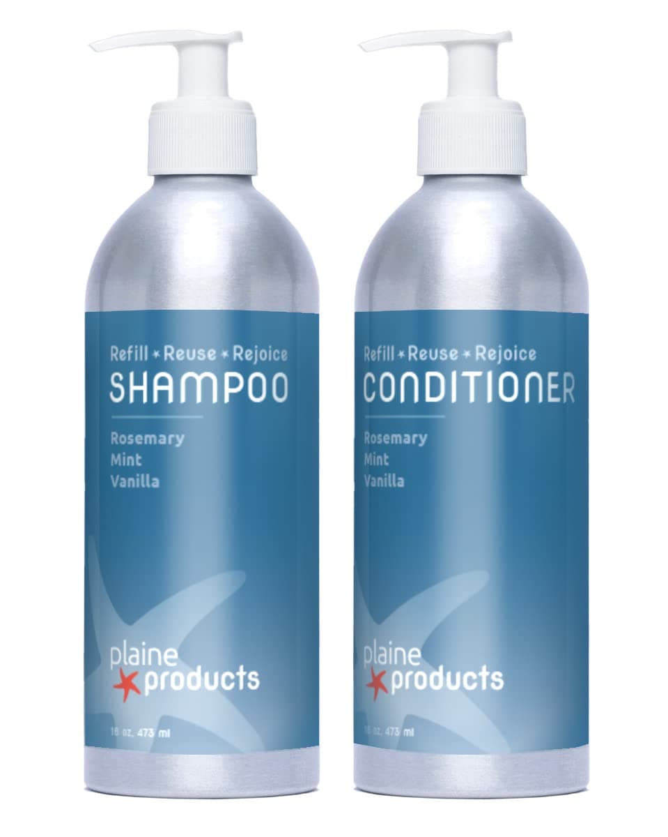 Plaine Products Eco-Friendly Shampoo and Conditioner - Rosemary, Mint, Vanilla - Sulfate Free, 16 oz (Refillable Bottles with Pumps)