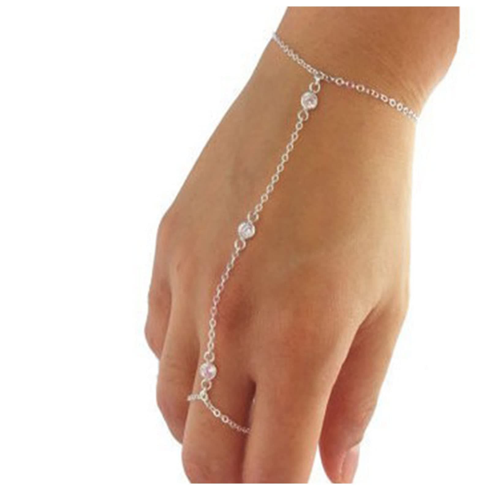 YheakneBoho Crystal Finger Bracelet Silver Slave Chain Bracelet Vintage Rhinestone Ring Wrist Bracelet Personalize Hand Chain Bracelet Jewelry for Women and Girls Gifts