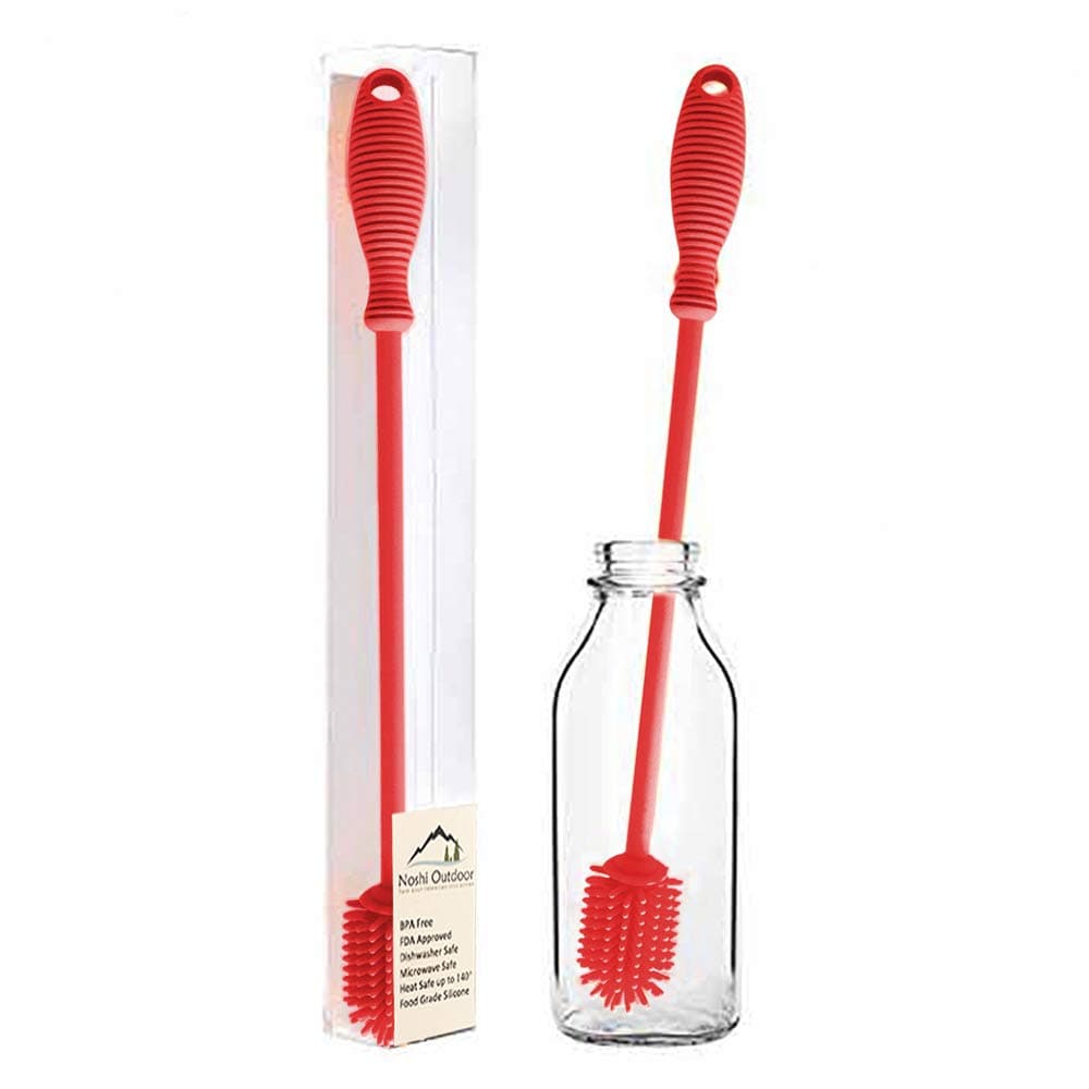 12 Inch 100% Silicon Long Handle Kitchen Bottle Cleaning Brush- No Scratch-Flexible Cleaner-Tool-Scrubber for Washing Narrow Neck Tumbler,Glass,Sport,Baby - (Red)