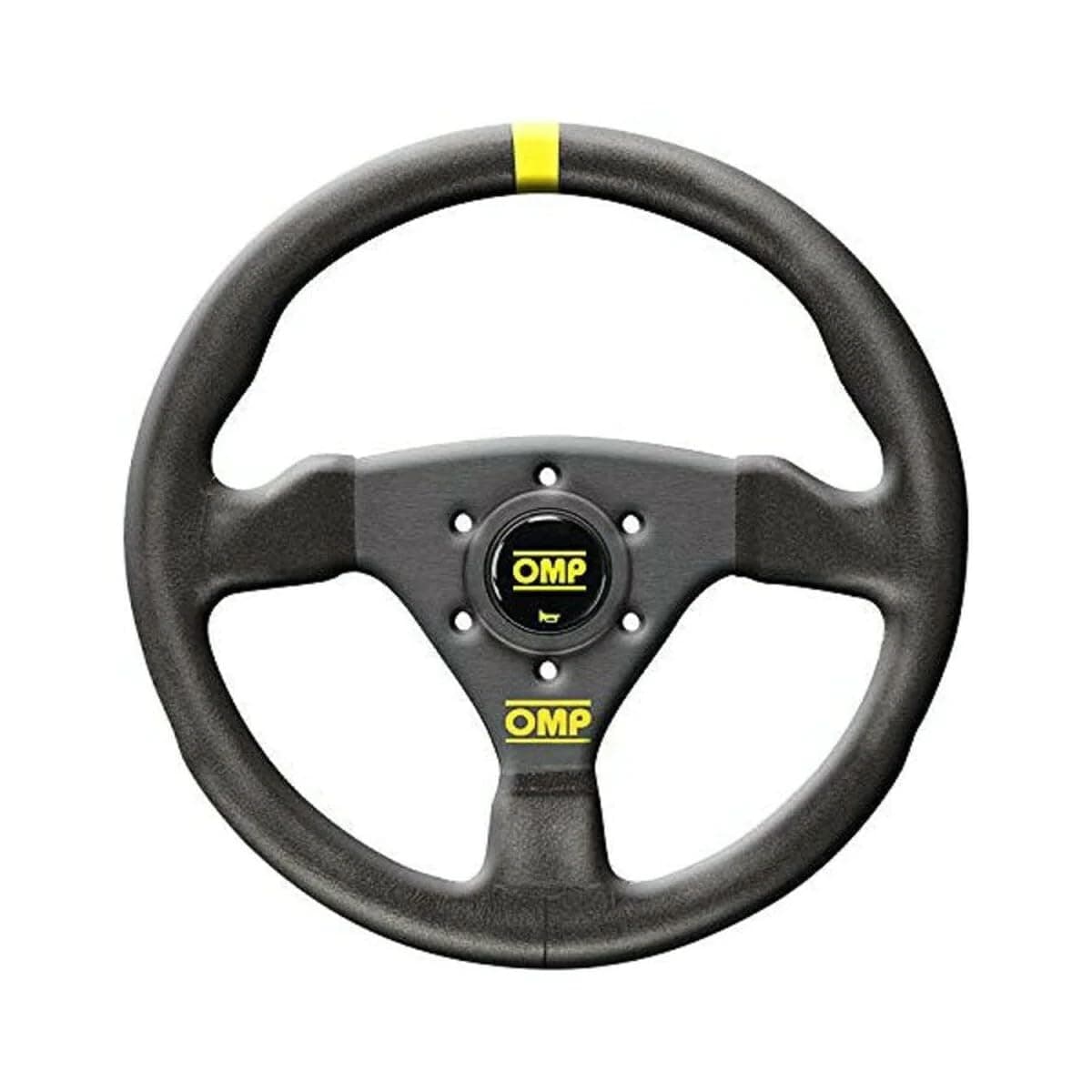 Steering Wheel, Trecento, 11-3/4 in Diameter, 3 Spoke, Flat, Black Leather Grip, Yellow Stripe, Aluminum, Black Anodized, Each