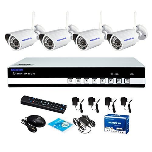 Sinocam 4Channel H.264 NVR Kit (4pcs Wireless 1.0MP 3.6 mm Day Night Vision Weatherproof IP Camera), 1MP HD P2P Bewegungserkennung