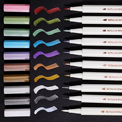 Metallic Brush Marker Pens for Lettering - Set of 10 Colors, Calligraphy Painting Pens for Rock Painting, Mug Design, Black Paper, Scrapbook, Script Lettering, DIY Photo Album (Brush Tip)