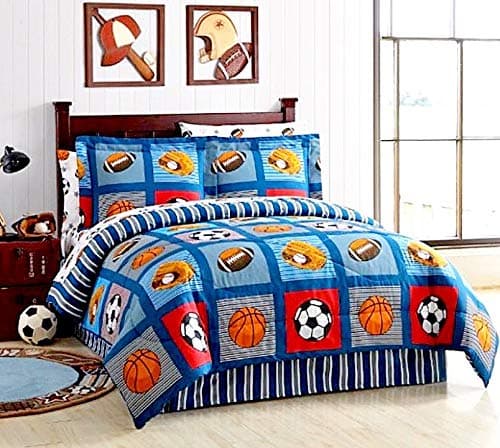 Boys Sports Patch Football Basketball Soccer Balls Baseball Blue Reversible Comforter Set (Full Size 8pc Bed in A Bag)