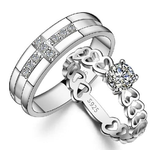 18k White Gold Plated Cross and Heart Couple Style Band Ring (Men's or Women's)