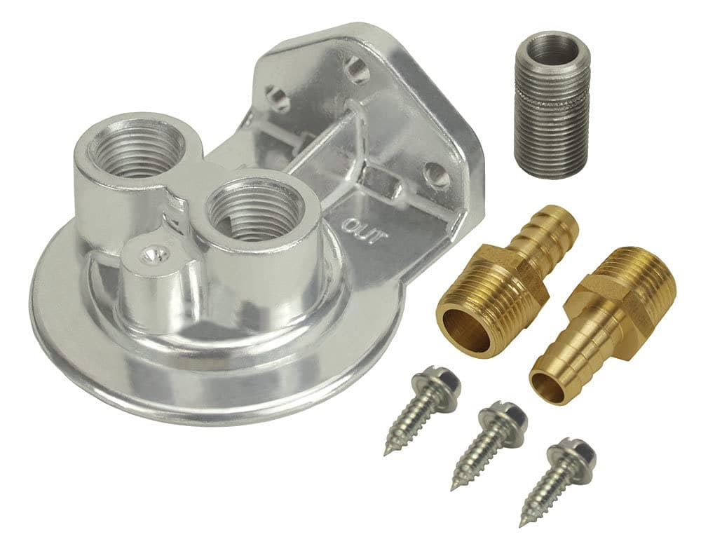 Oil Filter Mount, Ports Up, 1/2 in NPT Female Ports, 3/4-16 in Center Thread, Aluminum, Polished, Universal, Kit