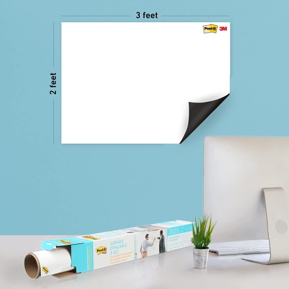 3MPost-it Dry Erase Whiteboard Film Surface for Walls, Doors, Tables, Chalkboards, Whiteboards, and More, Removable, Stain-Proof, Easy Installation, 3 ft x 2 ft Roll (DEF3X2A)
