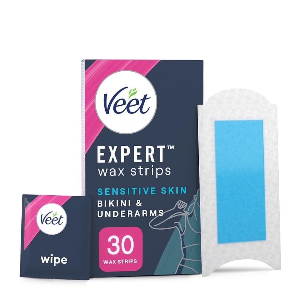Veet Expert Cold Wax Strips, Bikini & Underarms, Sensitive Skin, 30 Wax Strips (3 Finish Wipes with Argan Oil), Soothing with Almond Oil, Removes Shortest Hair from Root, 28 Days Smoothness