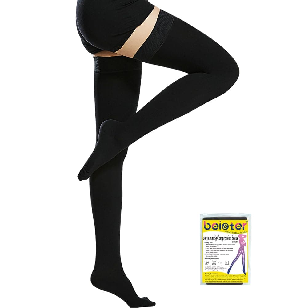 Beister Medical Closed Toe Thigh High Compression Stockings with Silicone Band for Women & Men, Firm 20-30 mmHg Graduated Support for Varicose Veins, Edema, Flight （1 Pair）