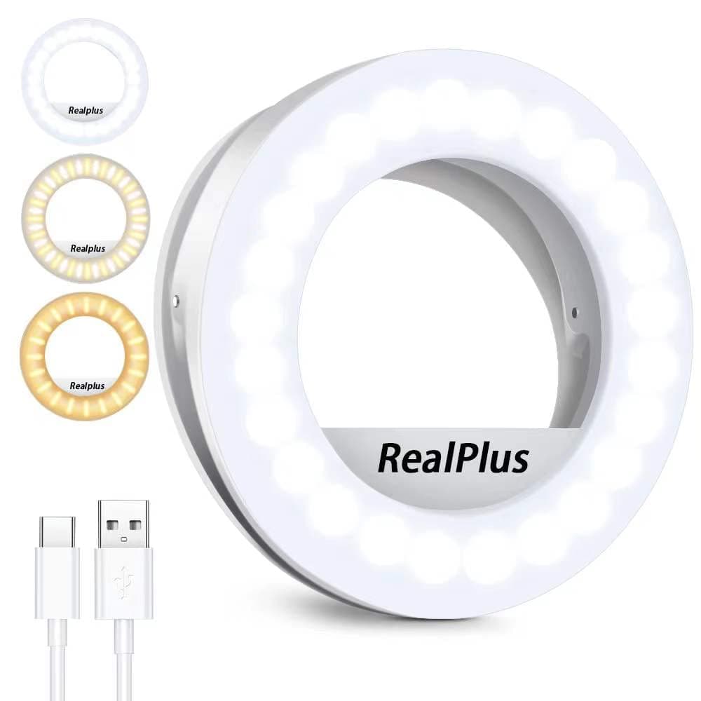 RealPlus Clip-on Selfie Ring Light [Rechargeable] with 40 LEDs and 3 Light Modes, Dimmable for Phone, Tablet, Laptop, Zoom Meeting, Makeup, Video