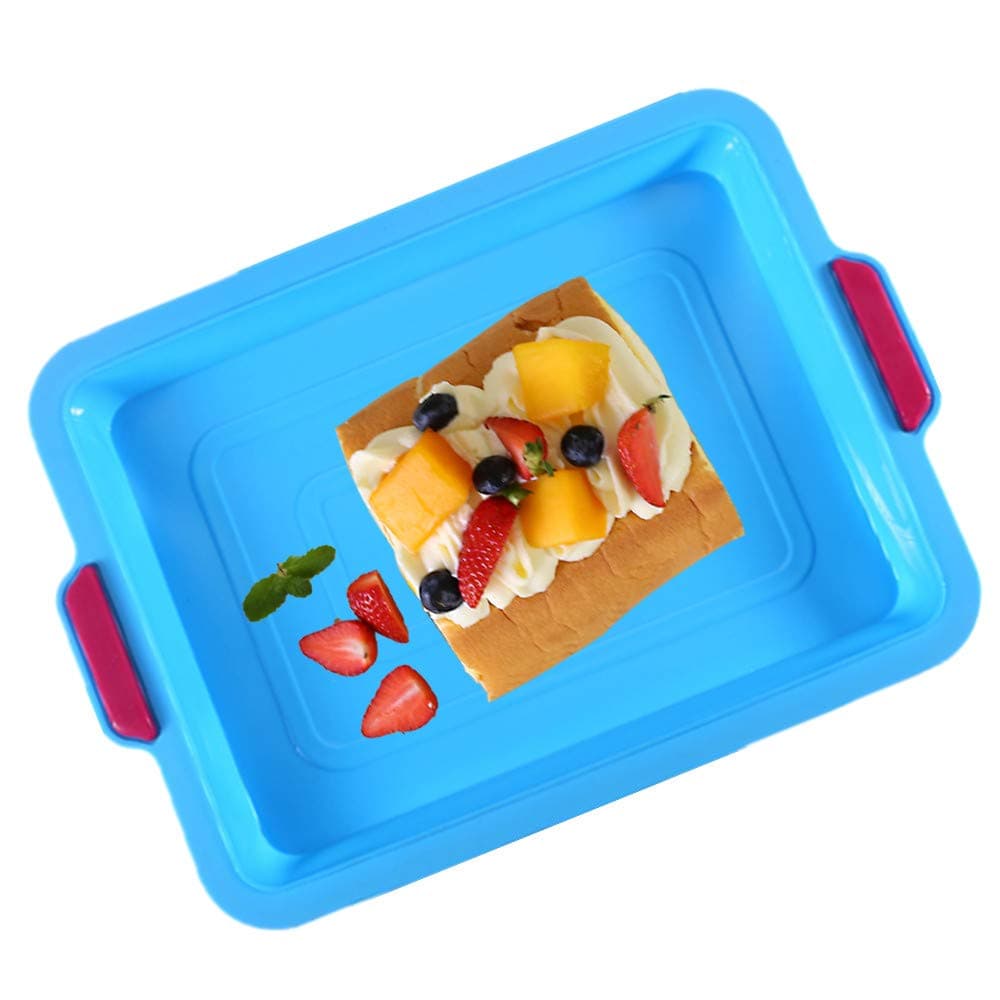 Non Stick Silicone Brownie Baking Pan with Handles - Rectangular Cookie Baking Sheet/Jelly Roll Tray Set Nonstick, Cleaned in Dishwasher, 13x8 in, Random Color