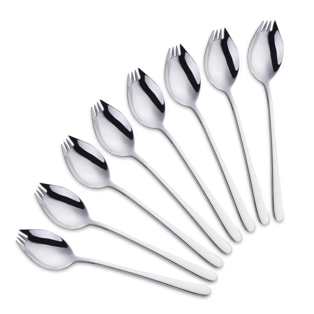 Sporks with Knife Edge Stainless Steel Knife Spoon Fork 3 in One 8 Pieces Camping Cutlery Set Silver Dishwasher Safe