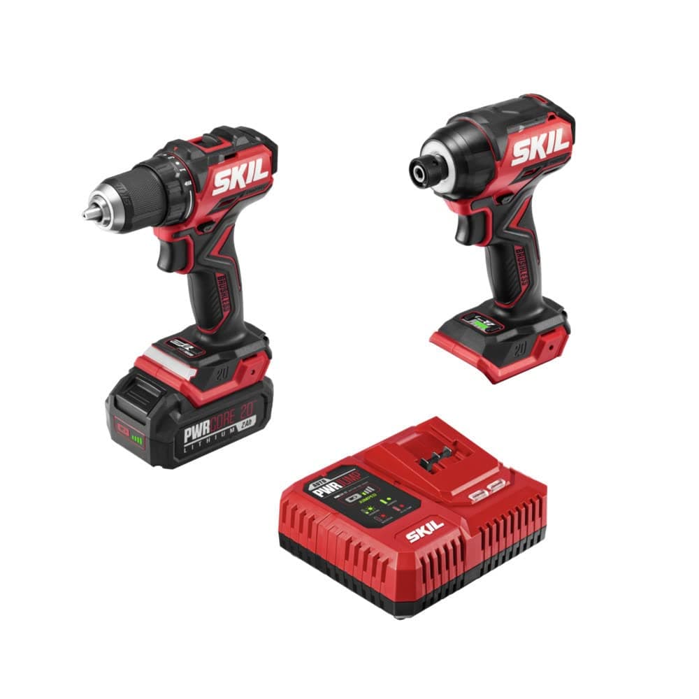 PWR CORE 20 Brushless 20V Compact Drill Driver and Impact Driver Kit Includes 2.0Ah Battery and PWR Jump Charger - CB8437B-10