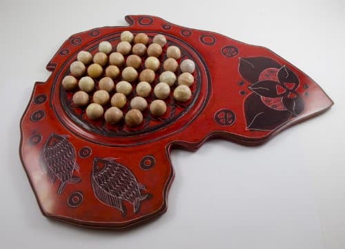 Maisha Fair Trade Hand Carved Decorative Soapstone Red African Map Chinese Checkers, Red