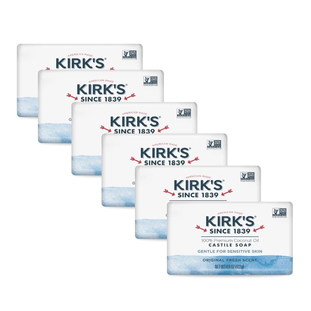 Kirk's Castile Bar Soap for Men, Women & Children - Made With Premium Coconut Oil, Sensitive Skin Formula, Vegan, Non GMO, Original Fresh Scent, 4 oz. Bars, 6 Pack