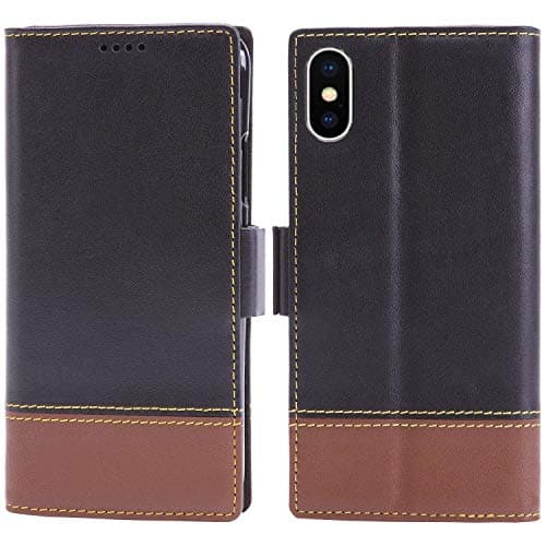 iPulse London for iPhone Xs Max Italian Full Grain Leather Flip Case for Apple iPhone Xs Max (2018) with Magnetic Closure - Black/Brown