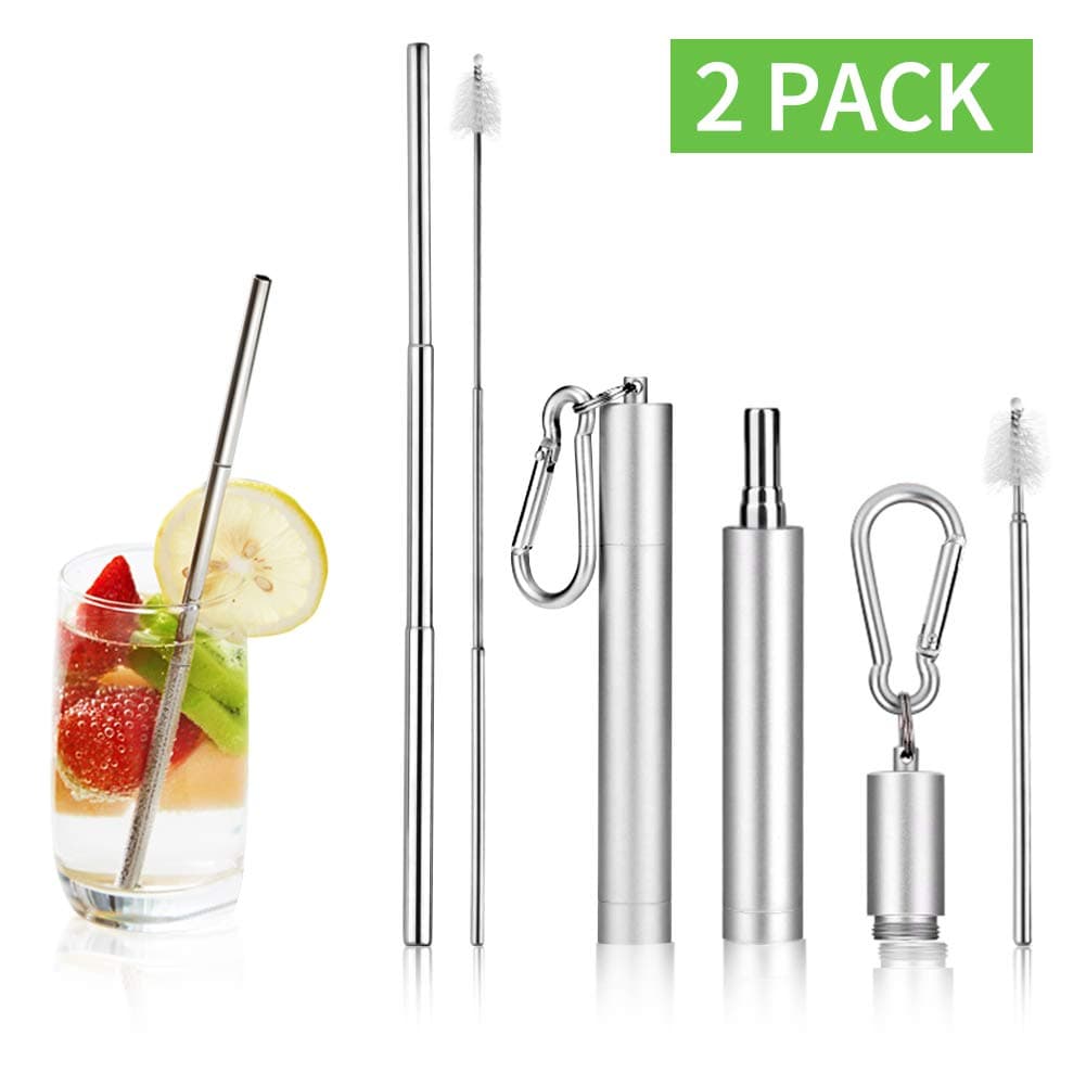 2 Pack Collapsible Reusable Straw, Foldable Stainless Steel Metal Straw with Carry Case & Cleaning Brush, Keychain Portable Drinking Straw Set for Travel