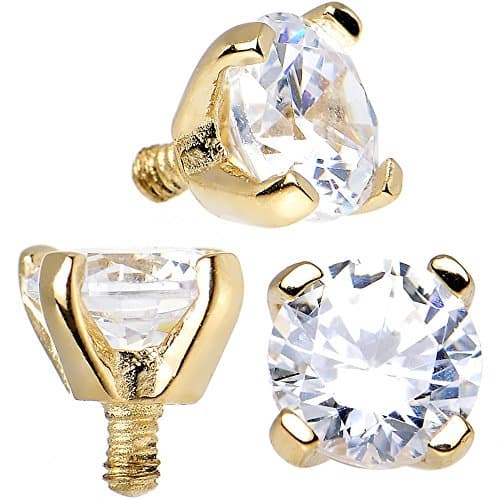TheMaddHatter (2 Pieces) Gold Dermal Top Clear Round CZ Prong Setting Plated Over 316L Surgical Steel (14g (1.6MM) (4mm cz)