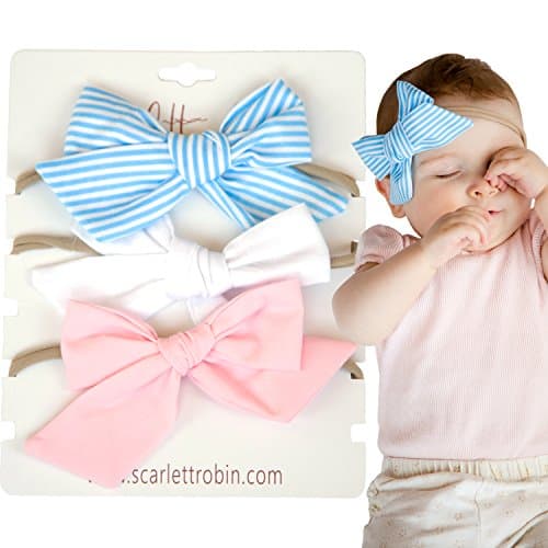 3 Baby Girl Hair Bows on Nylon Headbands | Fabric"Pretty in Pinstripes" | by Scarlett Robin