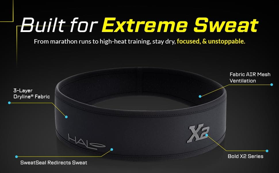 Halo Headband X Series-Our Newest Super Absorption Sweatband - 2 Width Sizes- 3 Layers of Super Absorbing Dryline Fabric -Patented SeatSeal Channels Sweat Away from Your Eyes!