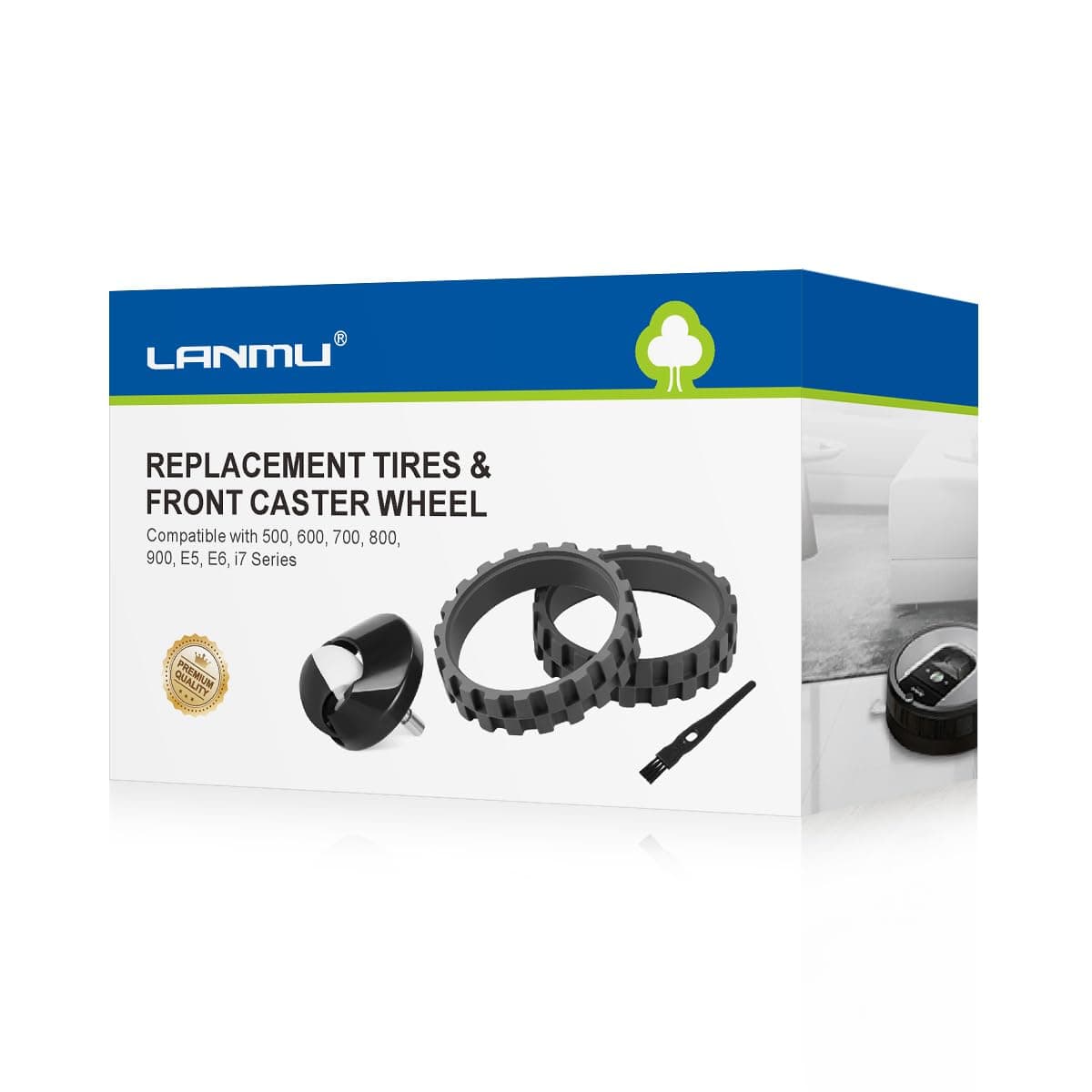 LANMU Replacement Tires Compatible with IRobot Roomba 500, 600, 700, 800, 900, E5, E6, i7 Series Vacuum, Front Caster Wheel Assembly (2 Pack Tires+1 Front Caster Wheel)