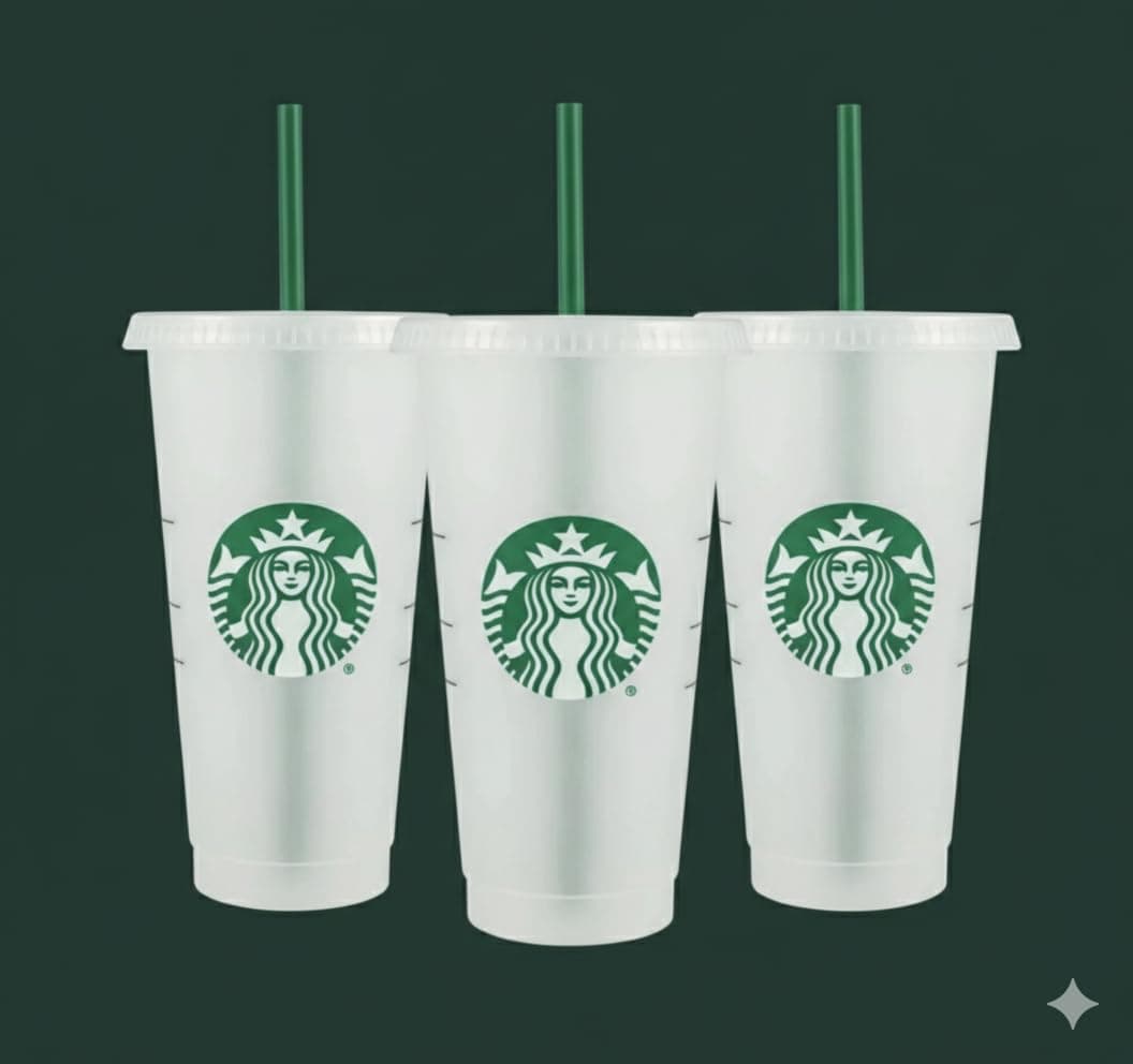 Reusable 3 Hard Plastic Venti 24 oz Frosted Ice Cold Drink Cup With Lid and Green Straw w/Stopper
