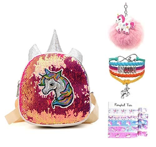 Fanovo Mermaid Sequin Embroidery Unicorn Backpack Mini Satchel Daypack Travel Shoulder Bag + Unicorn Keychain / Bracelet / Hair Ties - 9 Inch
