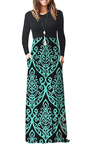 MISFAY Women's Long Sleeve Loose Plain Maxi Dresses Casual Long Dresses with Pockets (S, 2-ls Black Green)