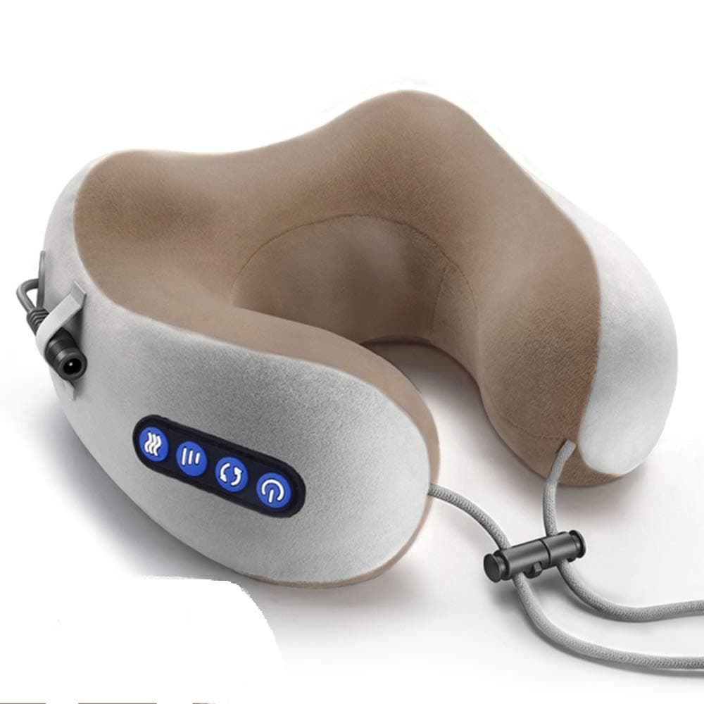 DHY Electric Travel Neck Massage Pillow, U Shaped Memory Foam Kneading Vibration Neck Head Support Pillow, Relief Cervical Pain, For Airplane, Train, Car, Brown